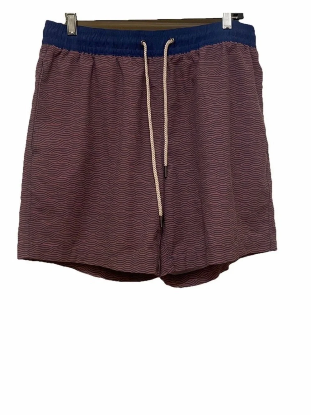 Fair Harbor Burgundy Wave-Print Swim Shorts with Navy Waistband